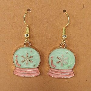 New Hand Crafted Cute Hook Pink Snowflake Snowglobe Earrings 14K Gold Plated